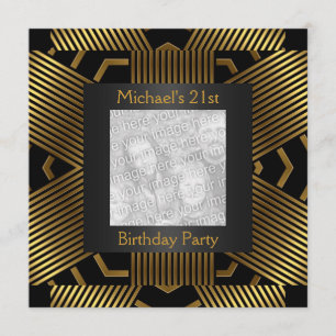 Convite aniversário de 21 anos Black Dourado Stripe Add Ph