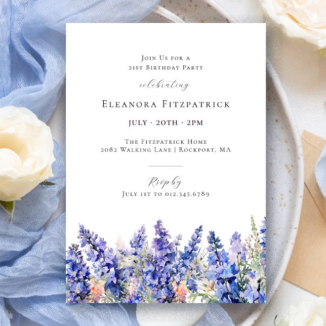 Convite aniversário de 21 anos Blue Larkspur Julho Flower (Criador carregado)