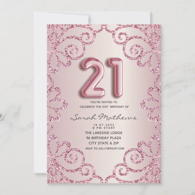 Convite aniversário de 21 anos Blush Pink - Princesa com L (Frente)