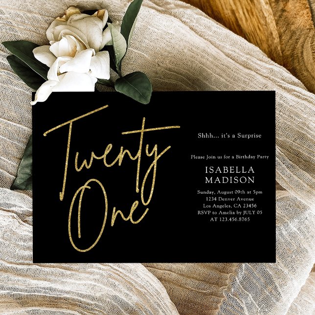 Convite Aniversário de 21 anos brilhante preto e Dourado (Simple Black and Gold Glitter 21st Birthday Invitation
)