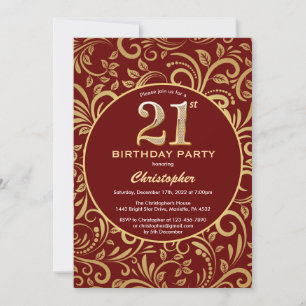 Convite aniversário de 21 anos Burgundy Red e Dourado Padr