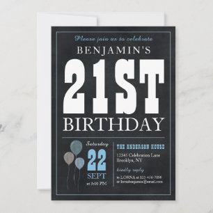 Convite aniversário de 21 anos Chalkboard Blue Balloon Rus