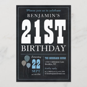 Convite aniversário de 21 anos Chalkboard Blue Balloon Rus