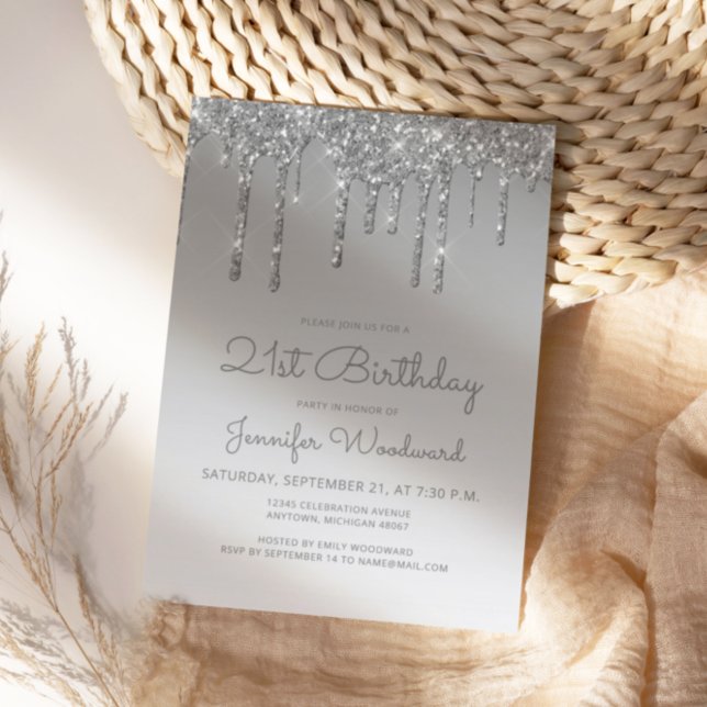 Convite Aniversário de 21 anos Chic Glitter Drip Prata (Criador carregado)