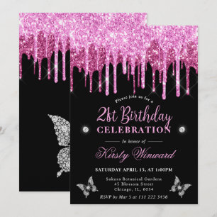 Convite Aniversário de 21 anos com Brilho Cor-de-Rosa Inte