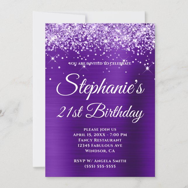 Convite Aniversário de 21 anos com Brilho Roxo e Foil Ombr (Frente)