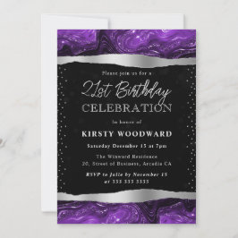 Convite Aniversário de 21 anos com Brilho Roxo e Preto