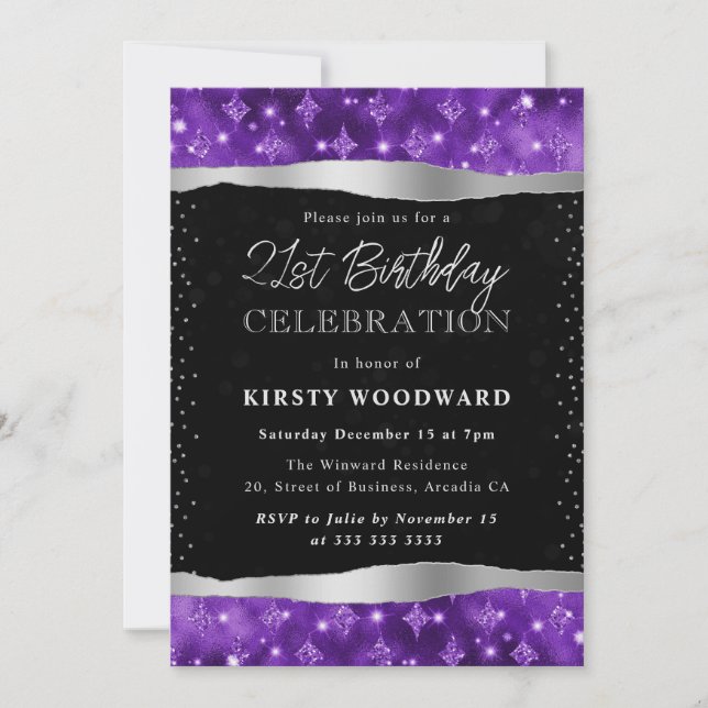 Convite Aniversário de 21 anos com Brilho Roxo e Preto (Frente)
