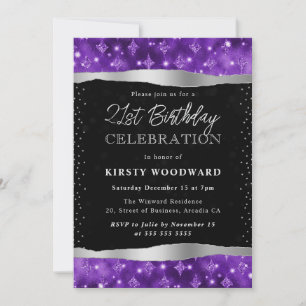 Convite Aniversário de 21 anos com Brilho Roxo e Preto