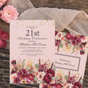 Convite Aniversário de 21 anos com floral rosa bordô e bri