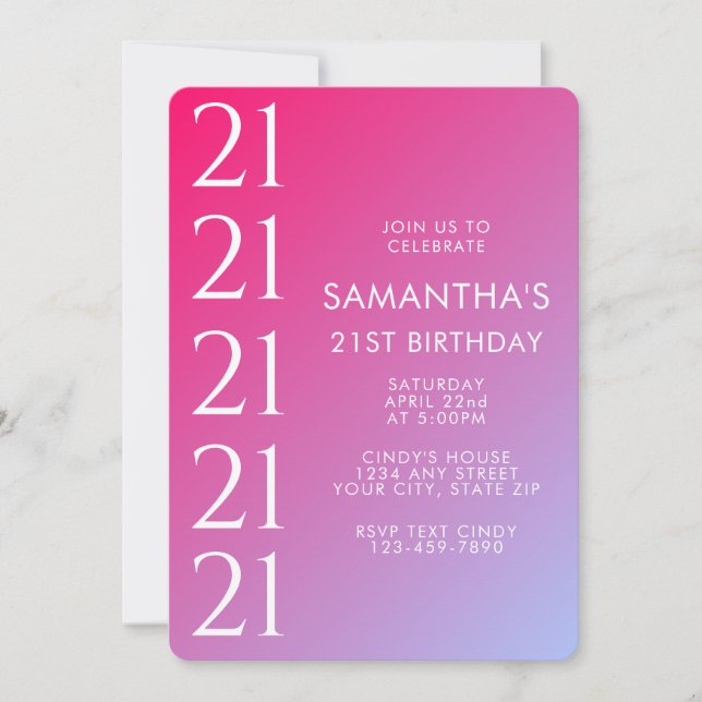Convite Aniversário de 21 anos com gradiente rosa moderno  (Frente)
