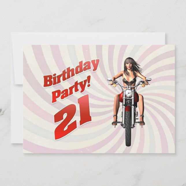 Convite aniversário de 21 anos com uma garota numa moto (Frente)