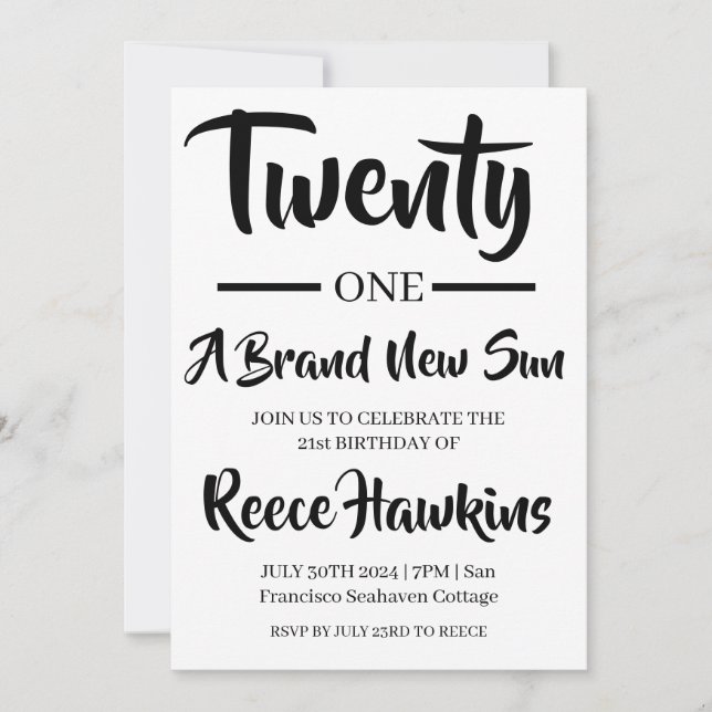 Convite aniversário de 21 anos convida preto e branco mode (Frente)