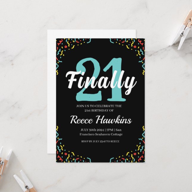 Convite aniversário de 21 anos convida preto e branco mode (Frente/Verso In Situ)