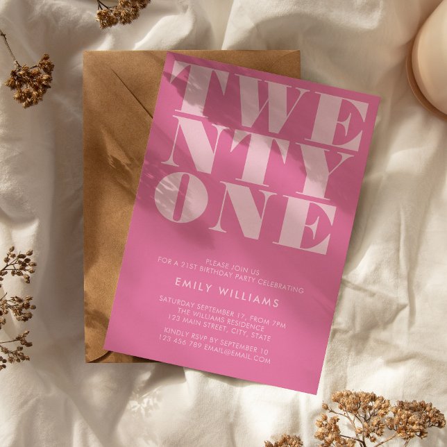 Convite Aniversário de 21 anos cor-de-rosa moderno (Criador carregado)