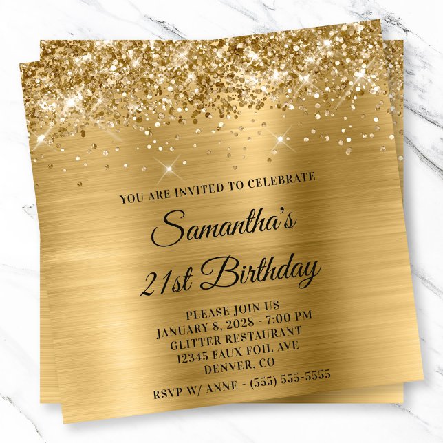 Convite Aniversário de 21 anos de aparência metálica Doura (Glittery Gold Metallic Look 21st Birthday Invitation)