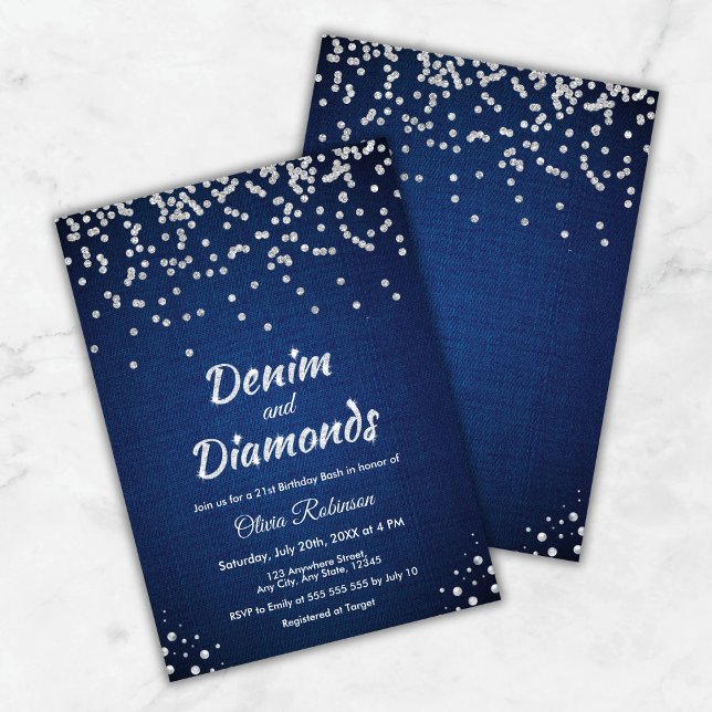 Convite Aniversário de 21 anos de Blue Denim e Diamantes (Blue Denim and Diamonds 21st Birthday Invitation )