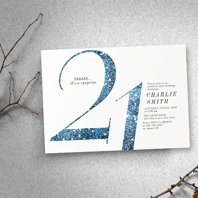 Convite Aniversário de 21 anos de brilho azul moderno mini (Modern minimalist faux blue glitter 21st birthday invitation)