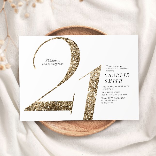 Convite Aniversário de 21 anos de brilho dourado moderno m (Modern minimalist faux gold glitter 21st birthday invitation)