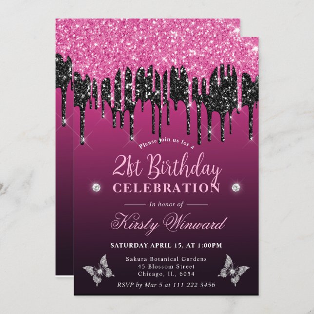 Convite Aniversário de 21 anos de brilho preto e rosa quen (Frente/Verso)