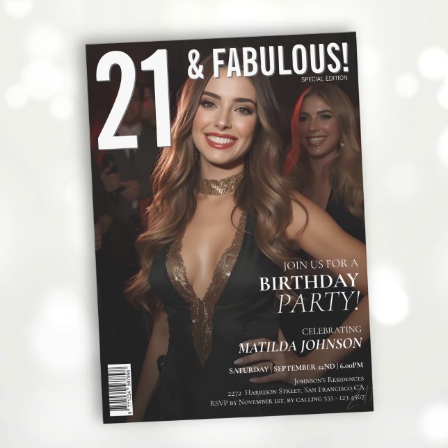 Convite aniversário de 21 anos de Cobrir 21 e Fabulosa Rev (21 and Fabulous Magazine Cover 21st Birthday Invitation
)
