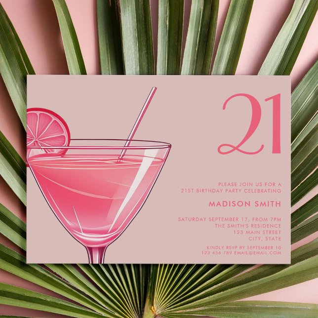 Convite Aniversário de 21 anos de Cocktail Rosa Moderno (Criador carregado)