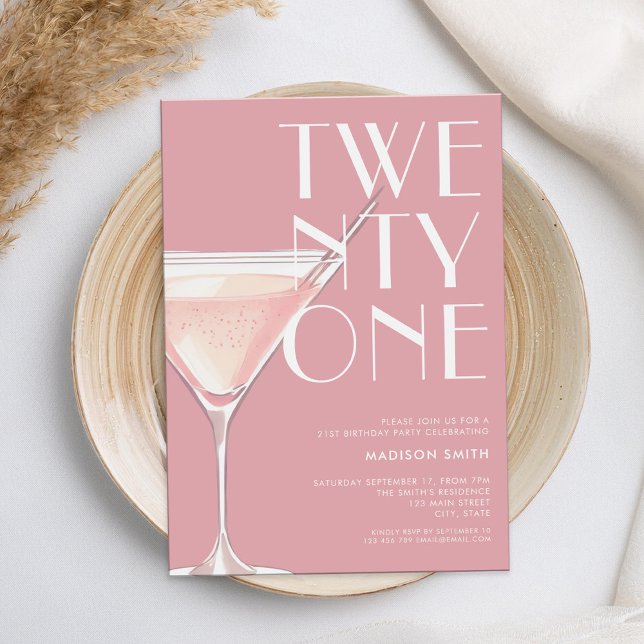 Convite Aniversário de 21 anos de Cocktail Rosa Moderno (Criador carregado)