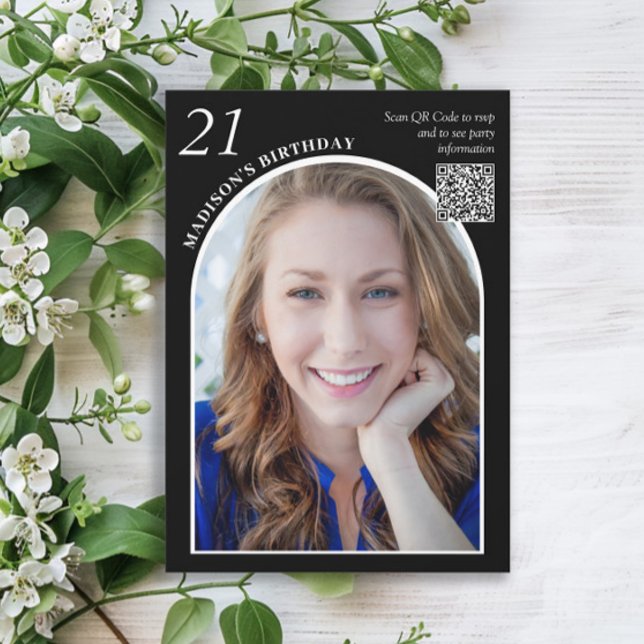 Convite Aniversário de 21 anos de Código QR de Foto em Arc (Black and white photo arch 21st birthday party invitation with QR code)