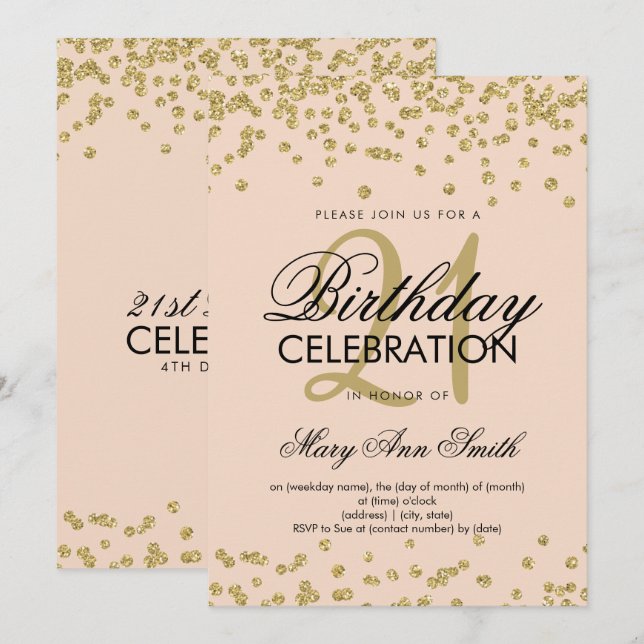 Convite aniversário de 21 anos de Confetti Dourado com Bri (Frente/Verso)