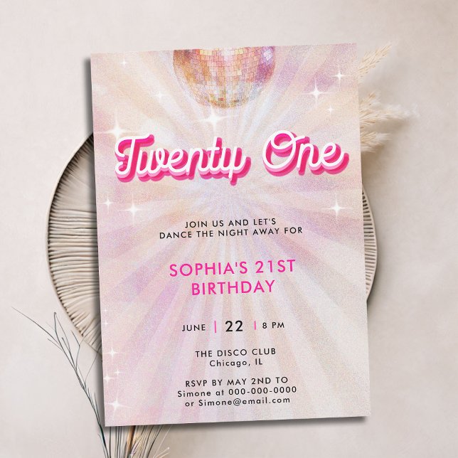 Convite Aniversário de 21 anos de dança do retrato do tear (disco ball 21st birthday invitation girls blush pink vintage retro 70s dance party sparkle glitter)