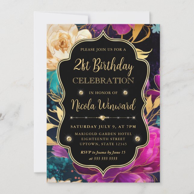 Convite Aniversário de 21 anos de Flores Douradas e Rosa d (Frente)