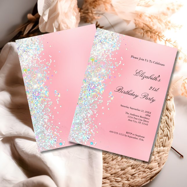 Convite Aniversário de 21 anos de Lâmpada Luminosa Branca  (Blush Pink White Glitter 21st Twenty First Birthday Party Invitation)