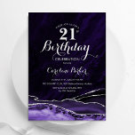 Convite Aniversário de 21 anos de mármore prateado roxo<br><div class="desc">Aniversário de 21 anos convite de festas de agato roxo e prateado. Elegante design moderno com aquarela agate marble geode background, faux glitter prata e tipografia. Trendy convida o cartão perfeito para uma comemoração de dia das mulheres na moda. Impressos convites Zazzle ou modelo de impressão digital instantânea para download....</div>