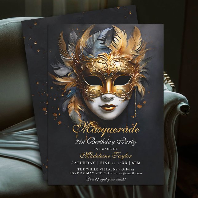 Convite aniversário de 21 anos de Máscara Dourada com Másc (masquerade 21st birthday party invitation glam gold purple venetian mask mascarade)