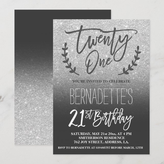 Convite Aniversário de 21 anos de script de brilho pratead (Frente/Verso)