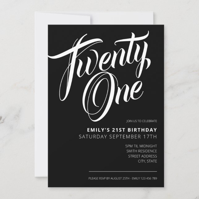 Convite Aniversário de 21 anos de Script Elegante Preto Mo (Frente)