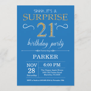 Convite Aniversário de 21 anos de surpresa azul e Dourado