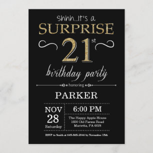Convite aniversário de 21 anos de surpresa preto e Dourad