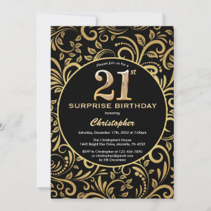 Convite Aniversário de 21 anos de surpresa preto e Dourado