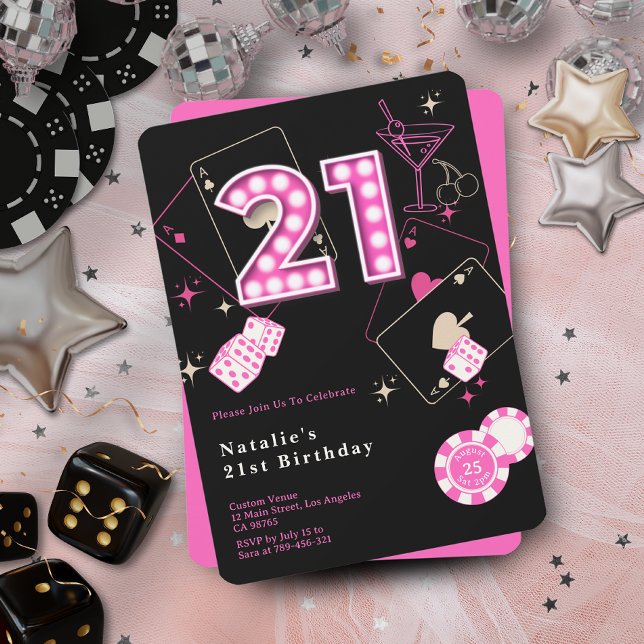 Convite Aniversário de 21 anos do cassino rosa-quente e ci (Sparkle Hot Pink Casino Dice & Chips 21st Birthday Invitation)