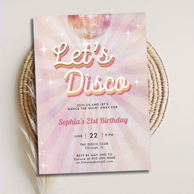 Convite Aniversário de 21 anos do Dance Party 70s do Disco (lets disco 70s dance party 21st birthday invitation girls blush pink vintage retro sparkle glitter)