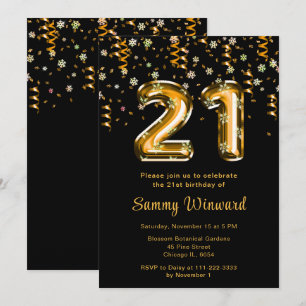 Convite aniversário de 21 anos Dourado Balões Snowflati Co