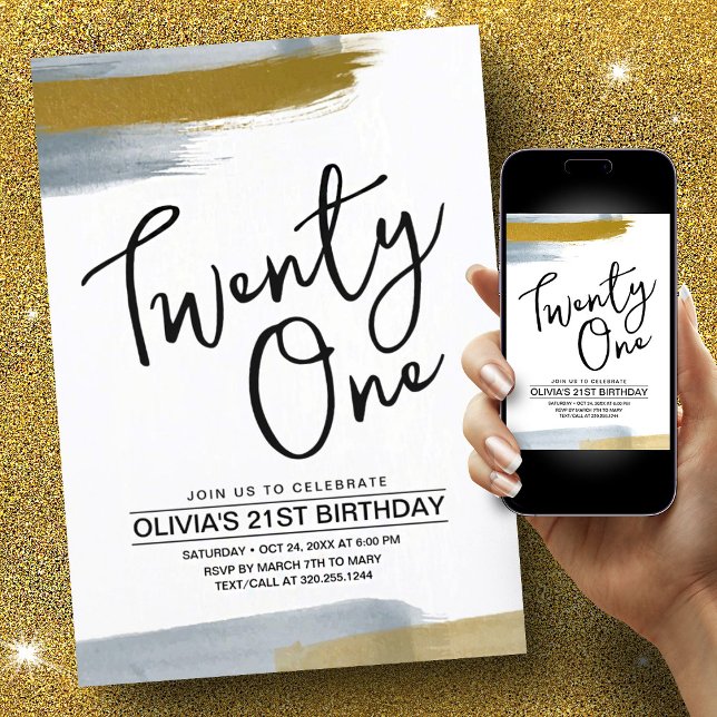 Convite aniversário de 21 anos Dourado Elegante de Script  (21st Birthday Abstract Script Elegant Gold Invitation)