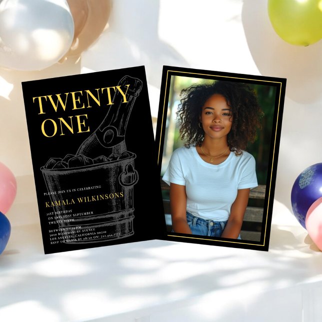 Convite Aniversário de 21 anos Dourado negro minimalista (twenty  first 21st birthday party invitation modern black and gold , fully editable invite)