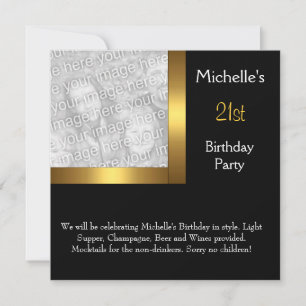 Convite Aniversário de 21 anos Elegant Photo Gold Black