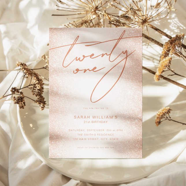 Convite Aniversário de 21 anos Elegante Dourado Rosa de Bl (Modern Blush Rose Gold Elegant 21st Birthday Invitation)