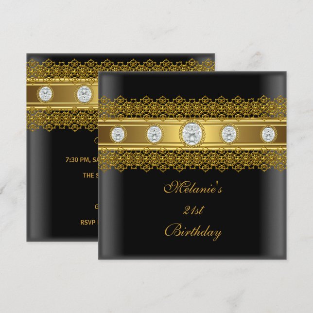 Convite aniversário de 21 anos Elegante Lace Black Dourado (Frente/Verso)