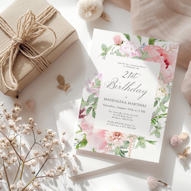 Convite ANIVERSÁRIO DE 21 ANOS Elegante Rosa-Elegante DO P (Criador carregado)
