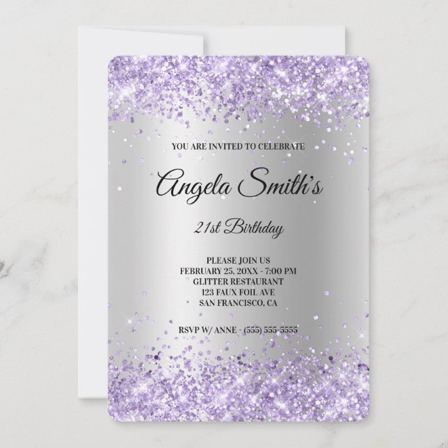 Convite Aniversário de 21 anos em Glitter Lavanda com Seda (Frente)