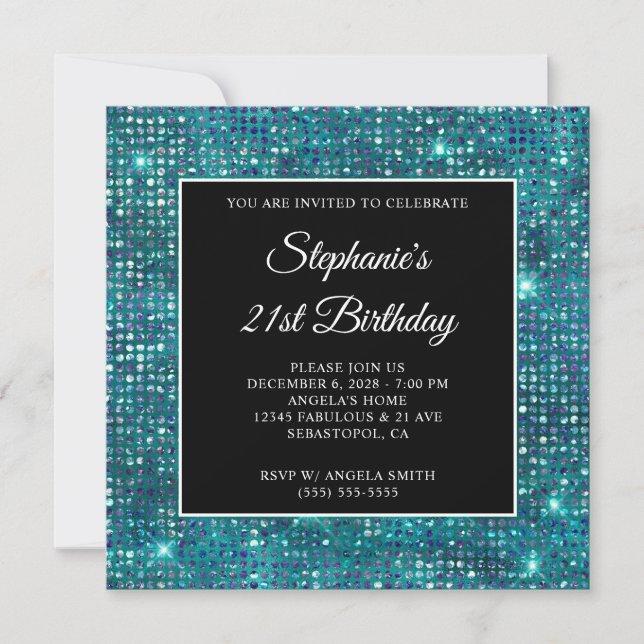 Convite Aniversário de 21 anos em Preto Azul Teal com Diam (Frente)